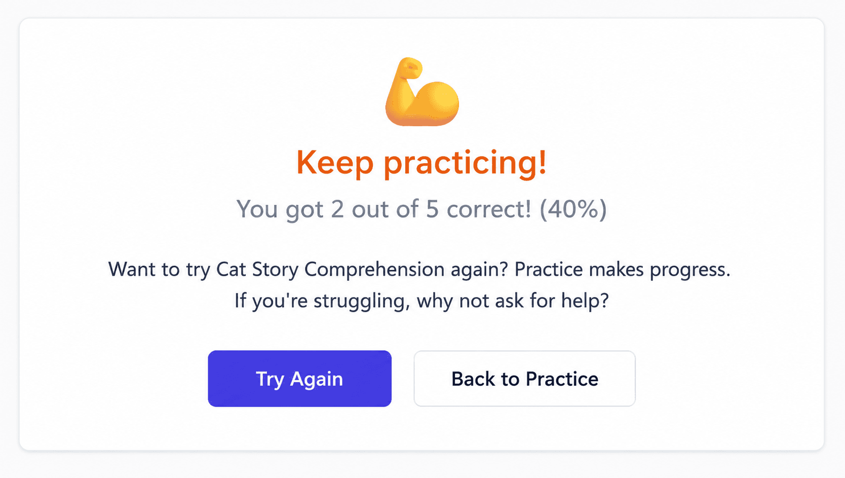 Progresspath completion feedback with try again and back to practice actions