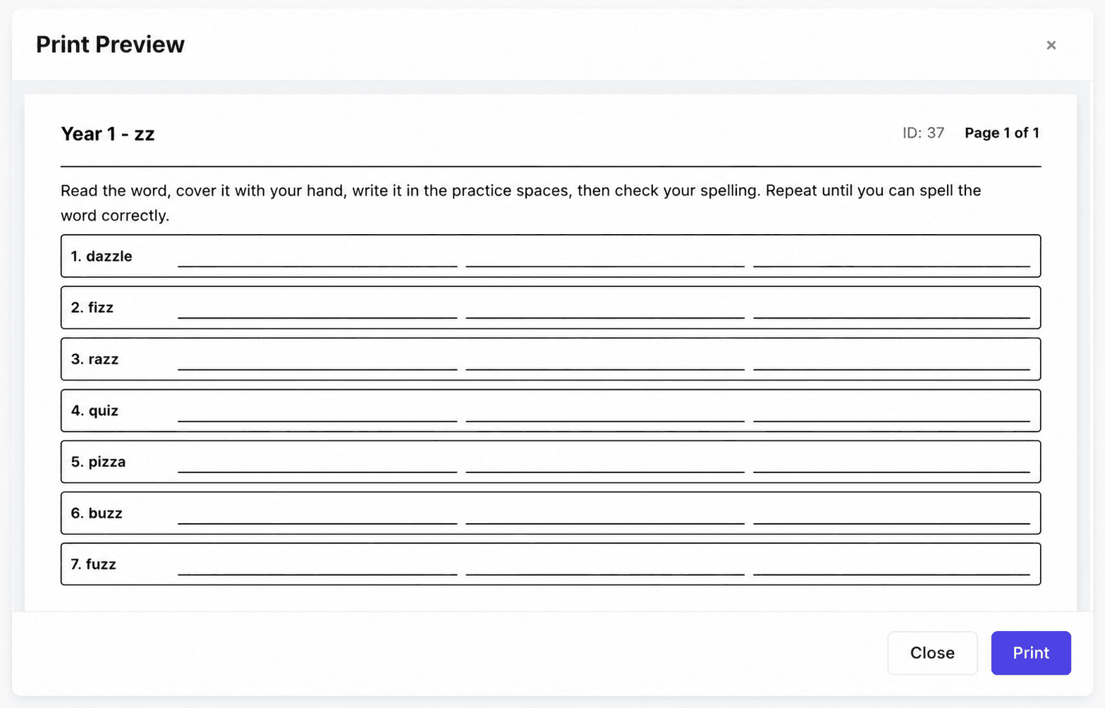 Progresspath spelling worksheet print preview